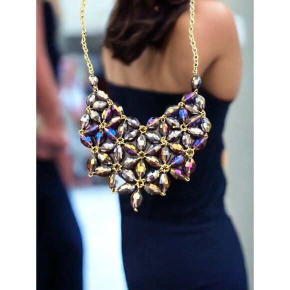 South Sun Iridescent Purple Flashy Dress Beaded Gold Chain Necklace - Picture 2 of 8